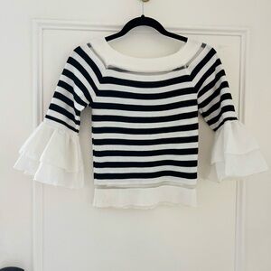 Chic Black and White Ruffled Bell Sleeve cropped Blouse